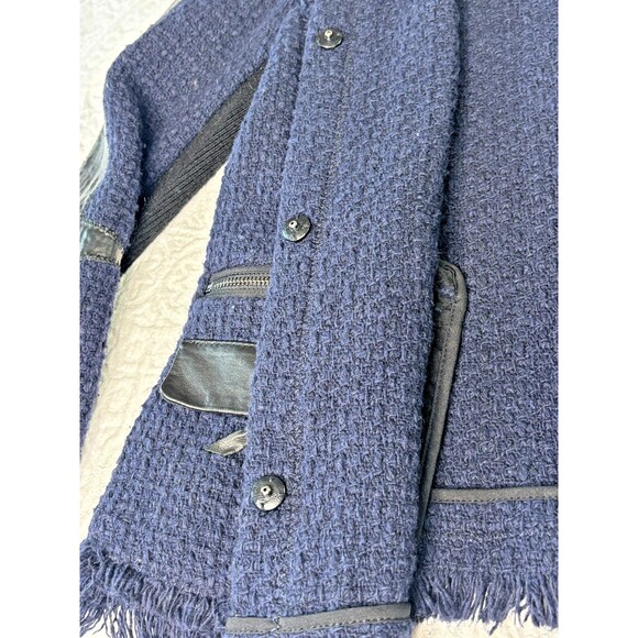 REBECCA TAYLOR Boucle Fringe Blazer SIZE 4 Navy Blue Black Leather Trim Coat EUC - Picture 10 of 16